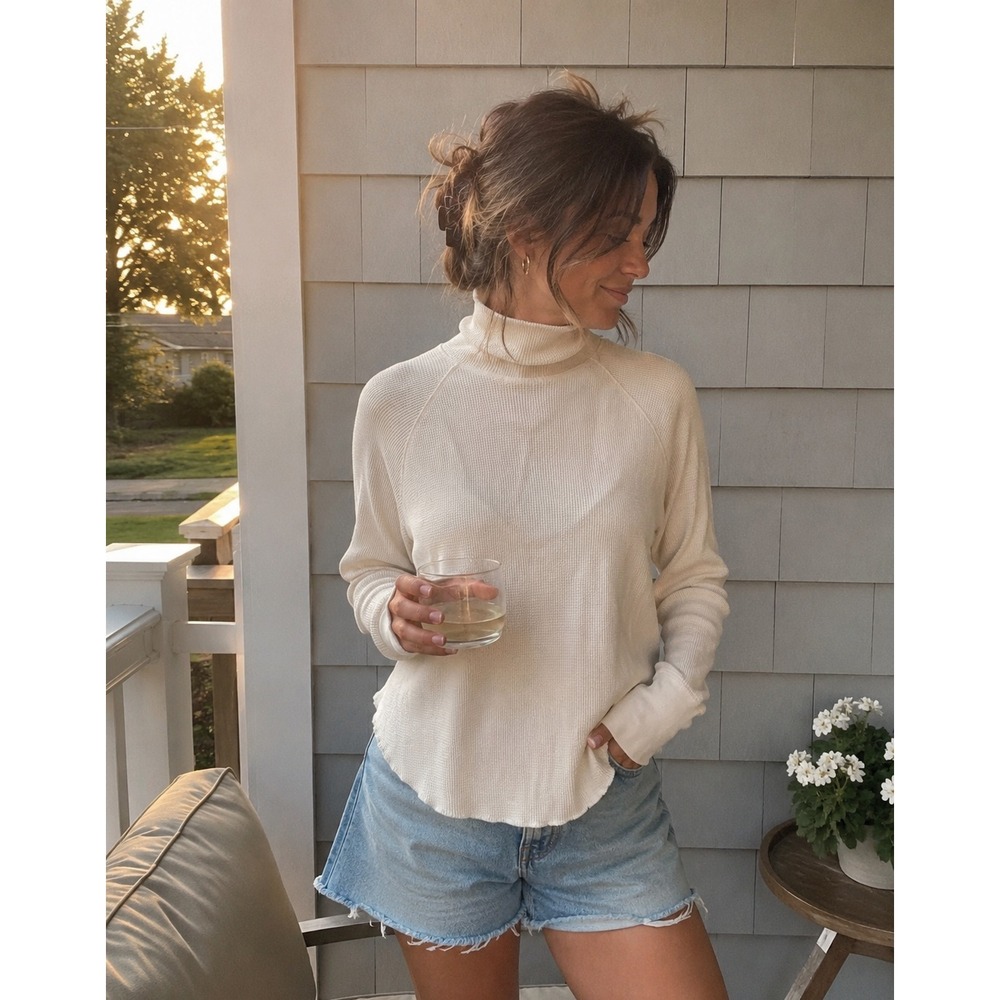 Everlane Organic Cotton Waffle Knit Turtleneck Top Ivory Size S